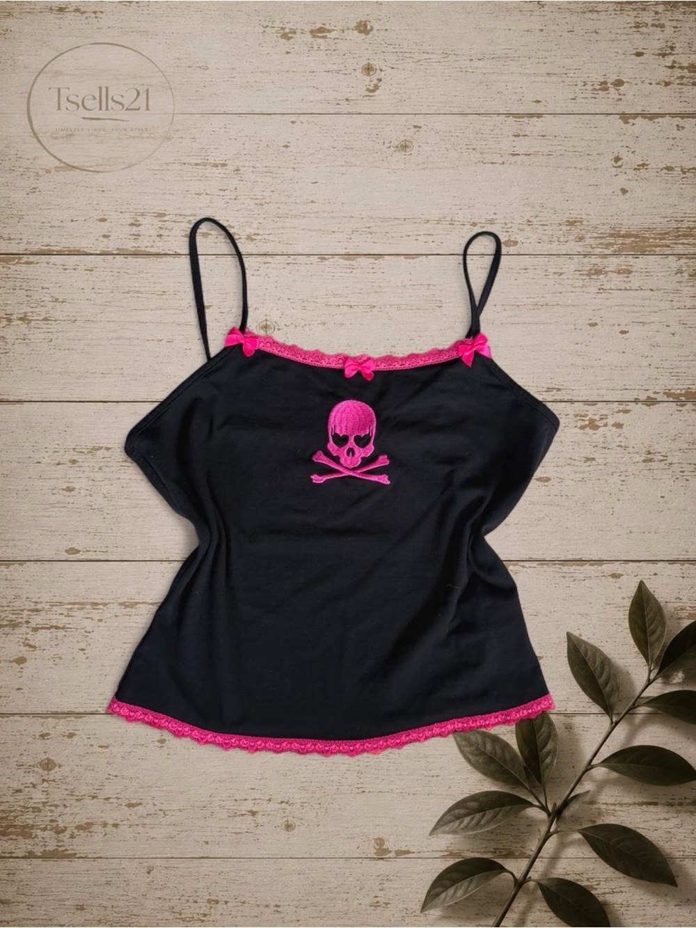Gothic Skull Embroidered Contrast Lace Cami Top - Black & Hot Pink - Size XS/S